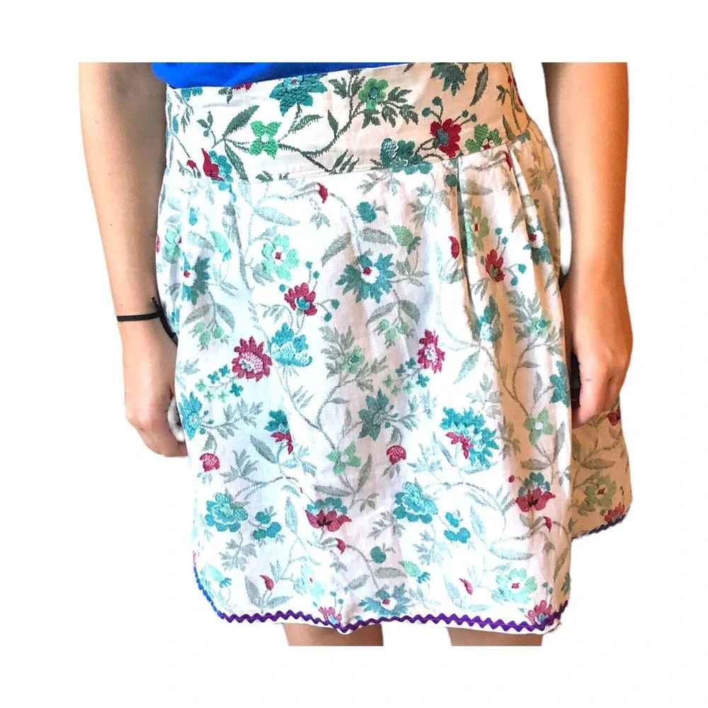 Vintage Floral Print Half Apron Tie Back Rick Rack Granny Chic 40's 50's Pocket